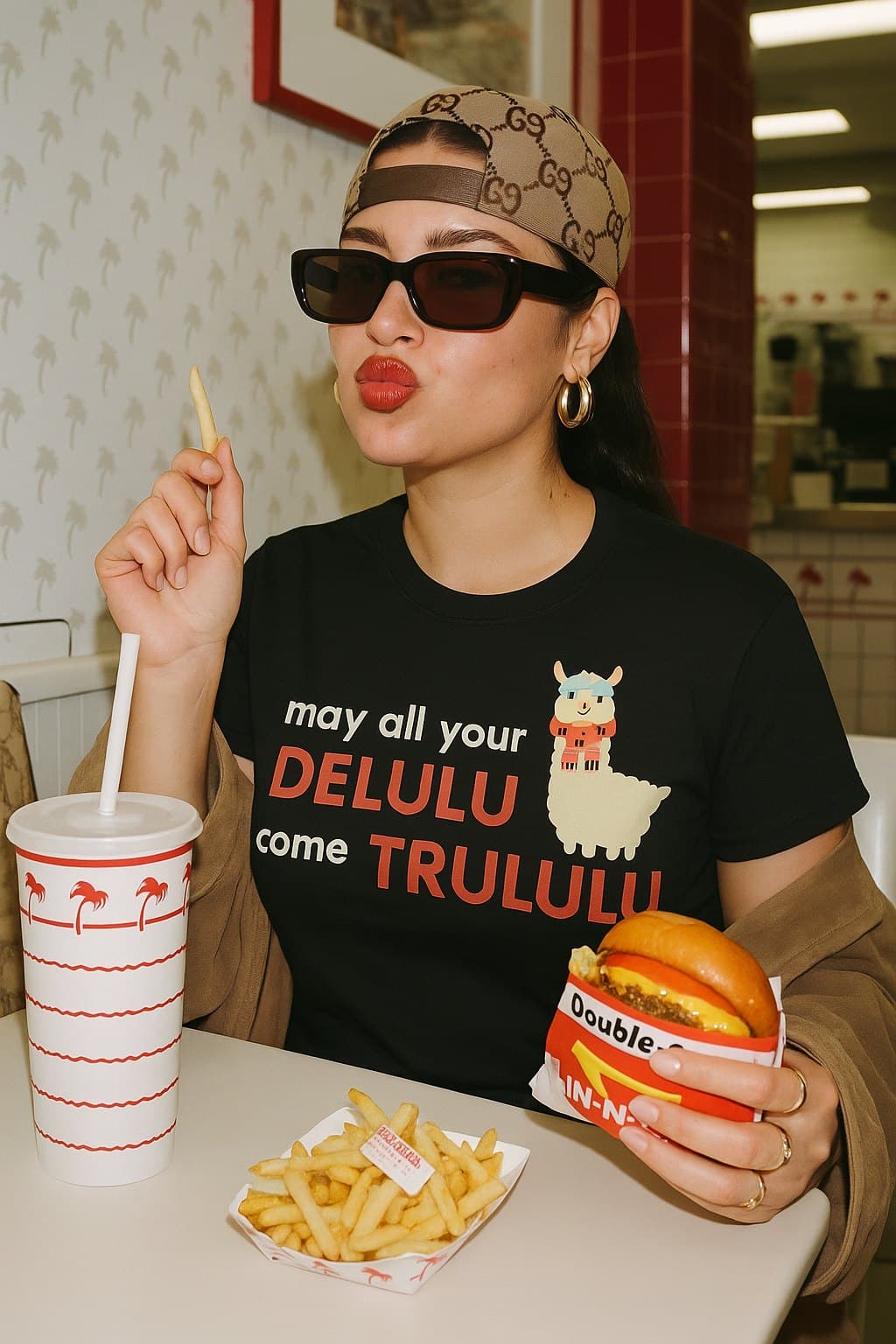 Generated campaign frame: a model in Filosofee in a diner