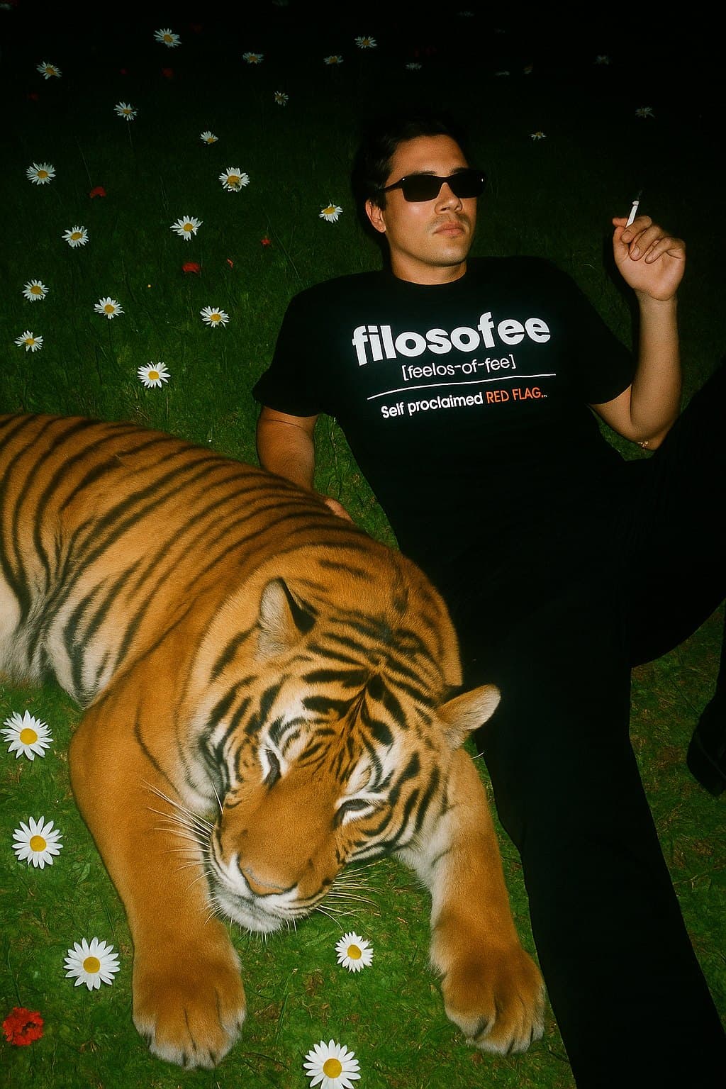 Generated campaign frame: a model in Filosofee in a field beside a tiger
