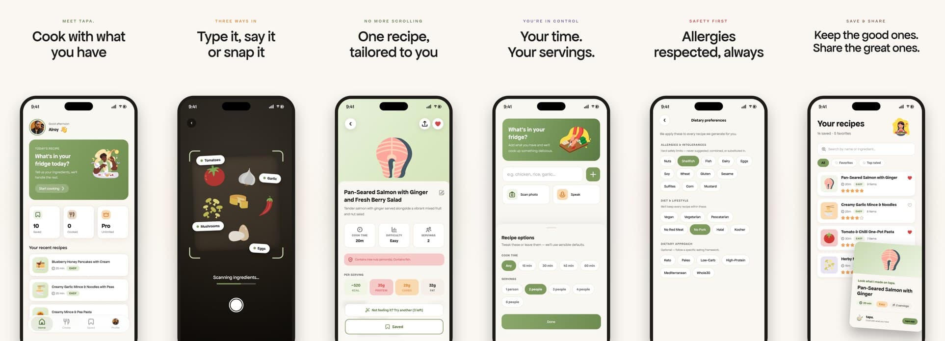 tapa. App Store screens with their headlines: cook with what you have, one recipe tailored to you