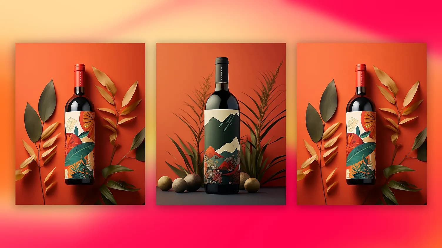 Wine label design across three bottle mockups